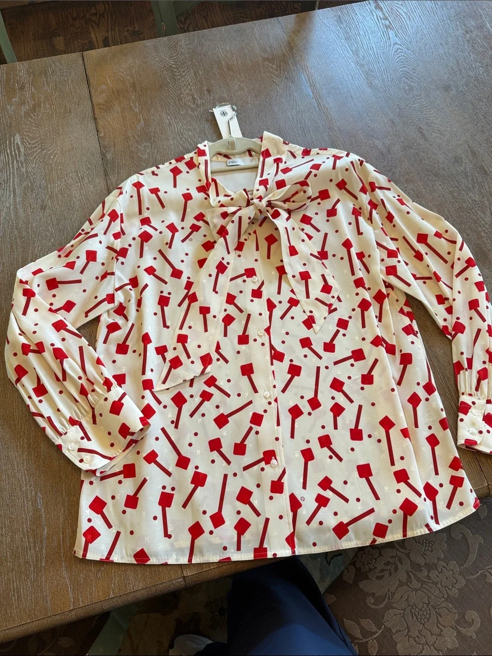 Tory Burch Cream Blouse with Red Lollipop Jacquard and Bow